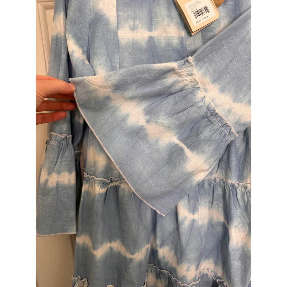 Faherty Vida Tie Dye Dress Faded Blue Organic Cotton Tiered Bell Sleeve - Picture 4 of 6